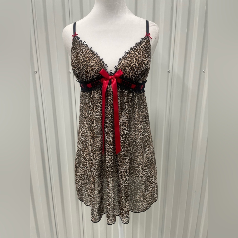 Y2K‎ Cosmopolitan Leopard Babydoll Sheer Slip Dress Medium Fairy Dainty Vintage